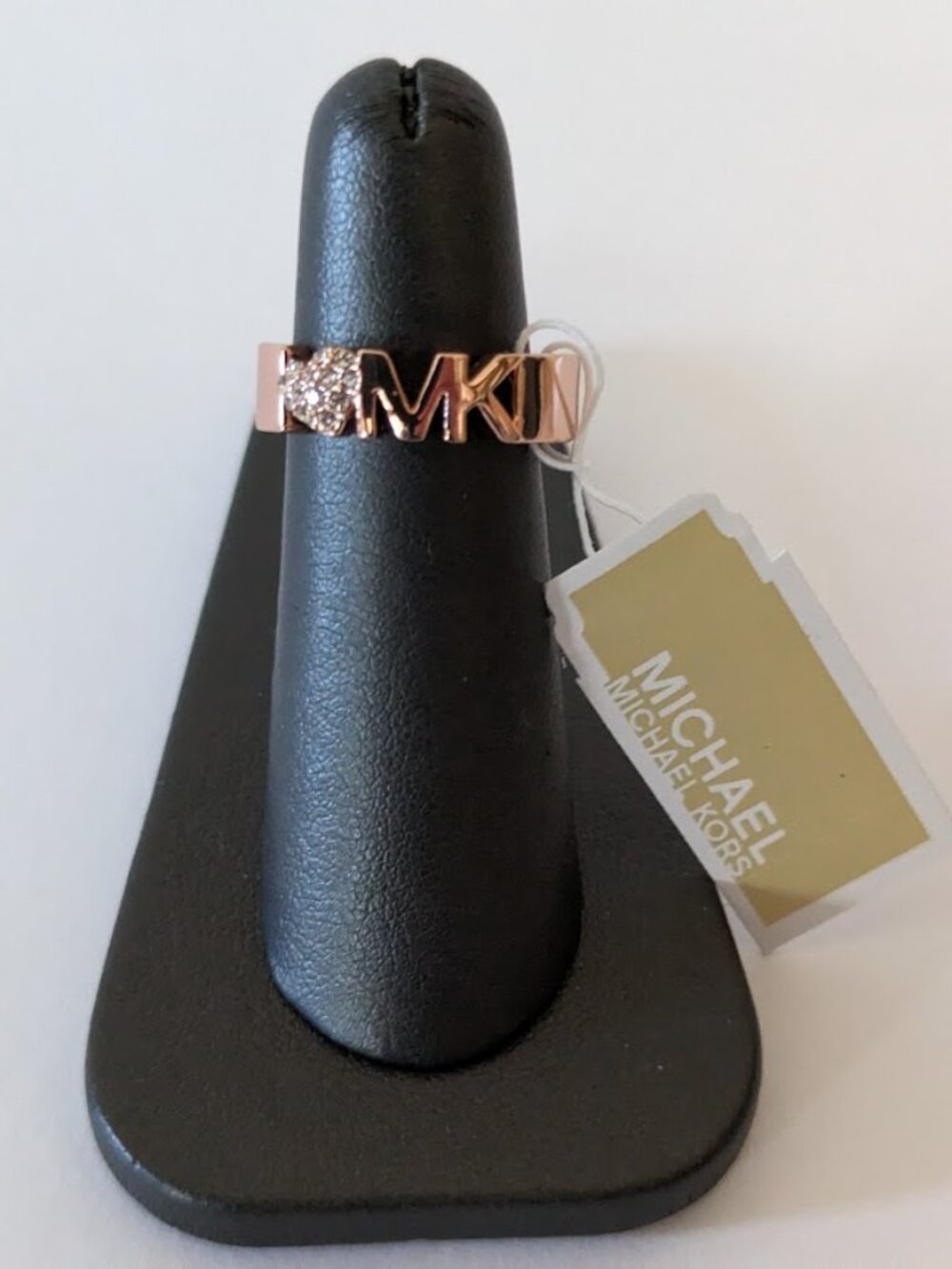 MICHAEL KORS Logo Rose Gold Tone Pave Crystal Heart Ring NWT